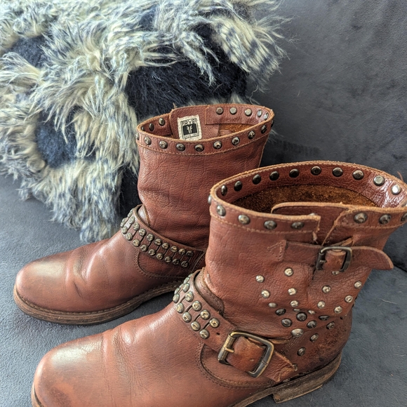 Frye Shoes - Brown Studded Leather Frye Boots